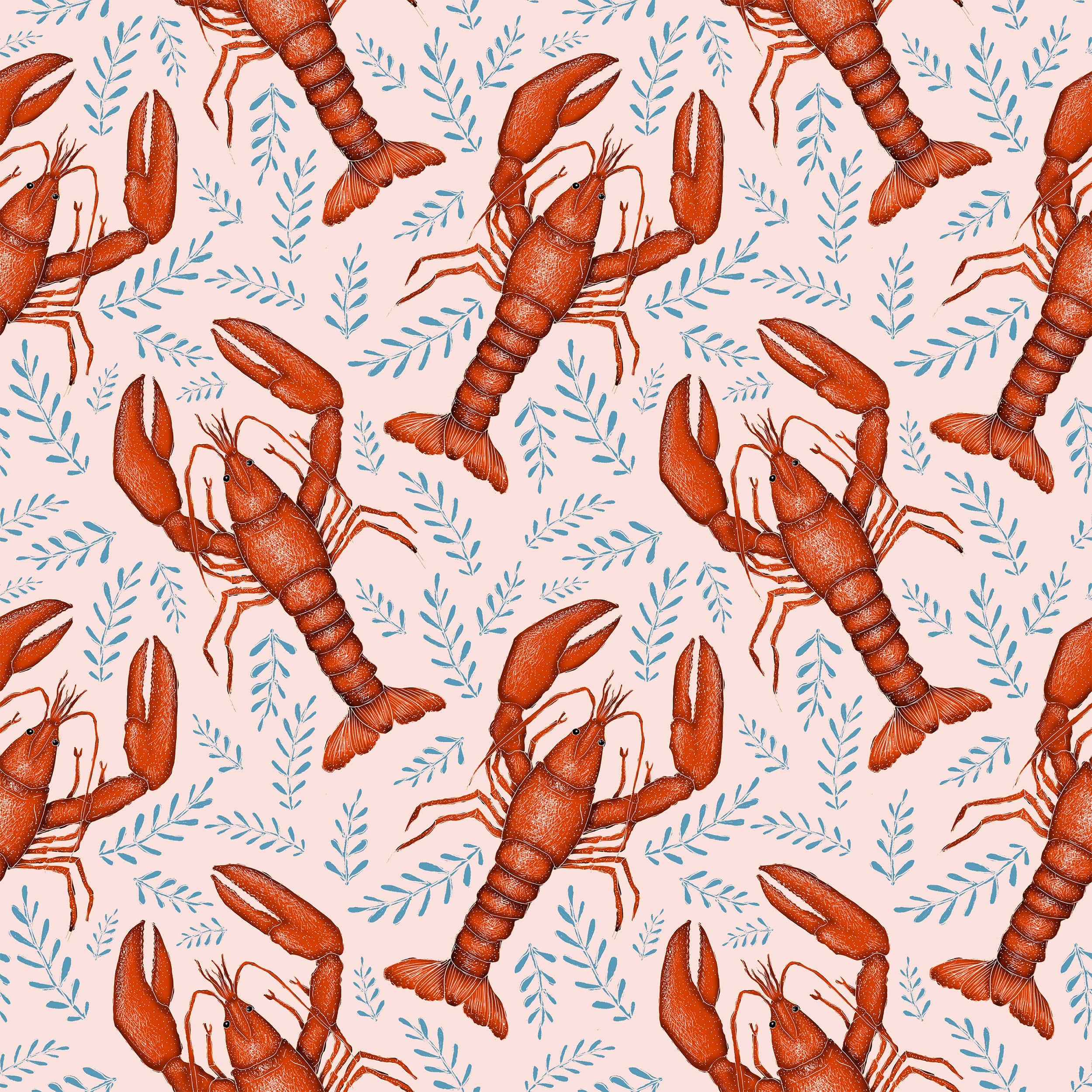 Lobster 桌布 壁紙 — 在柔和粉紅色背景上重複的橙色龍蝦和藍綠色海藻插圖。