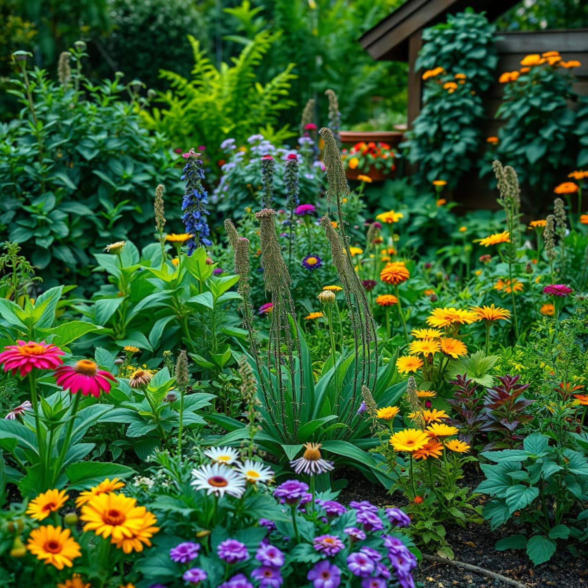 Photo of a garden boasting a variety of flowers and green plants. 壁紙 — 在柔和自然光下，充滿活力的花園，粉紅色、橙色、黃色和紫色的花朵在茂密的綠葉中綻放。