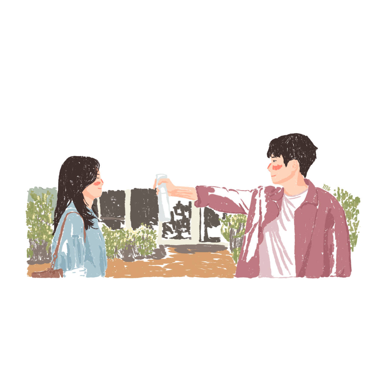 Beloved 桌布 壁紙 — 在柔和色彩與素描筆觸的風格化插圖中，一名男子向女子噴灑香水。