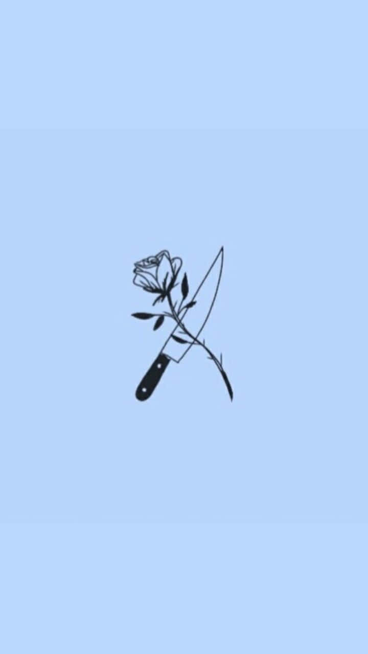 Edgy Aesthetic 桌布 壁紙 — 在柔和藍色背景上，一朵玫瑰與一把刀交叉的極簡黑色線條畫。
