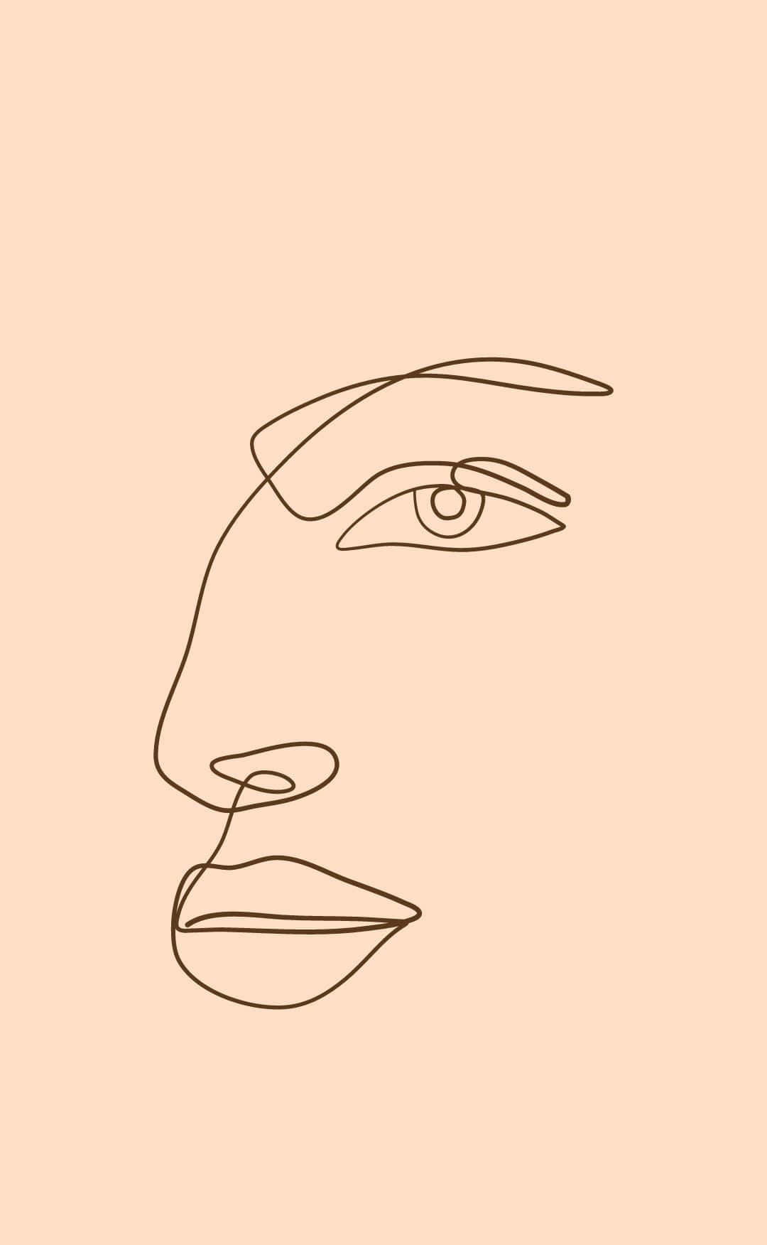Korean Beige Aesthetic 桌布 壁紙 — 在柔和蜜桃色背景上，以極簡連續線條繪製的人類面部側面輪廓。