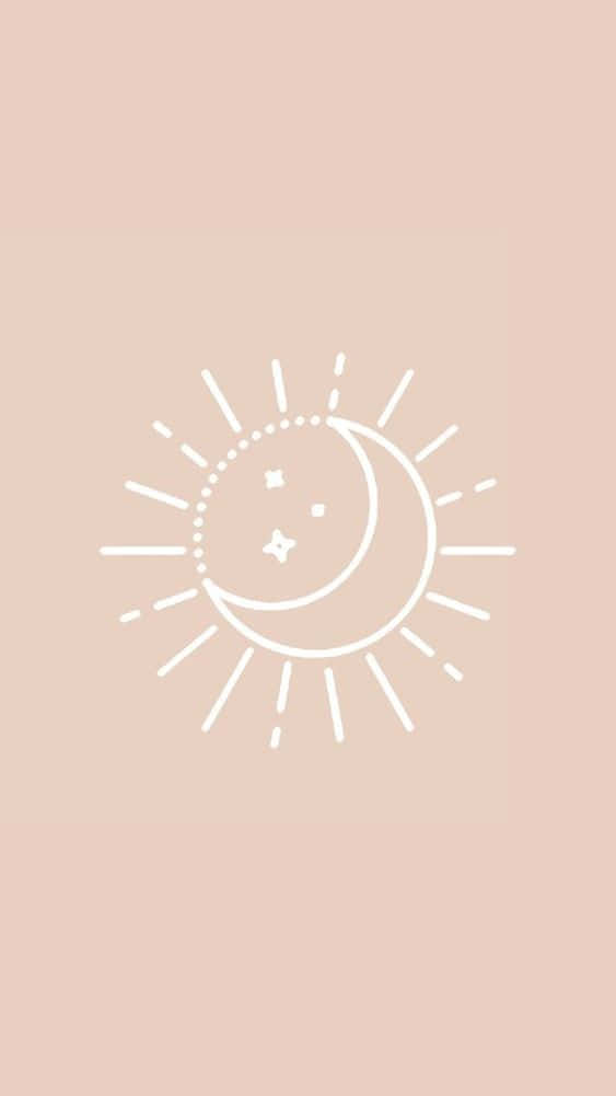 Sun And Moon Aesthetic 桌布 壁紙 — 在柔和蜜桃色背景上，新月和太陽共享光線的極簡白色線條畫。