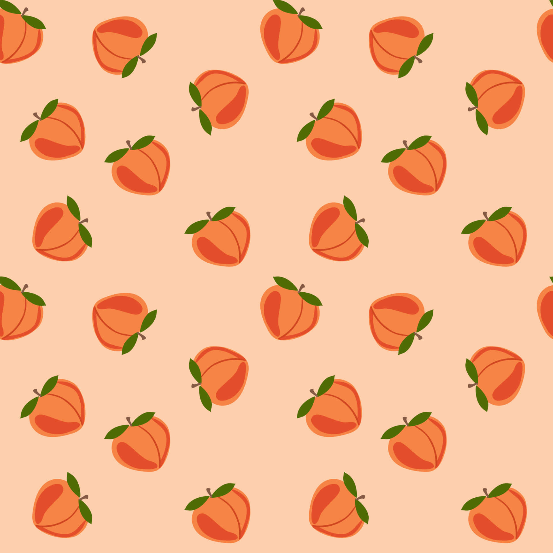 Cute Orange 桌布 壁紙 — 在柔和蜜桃色背景上重複出現帶有綠色葉子的蜜桃插圖，採用乾淨的向量風格。