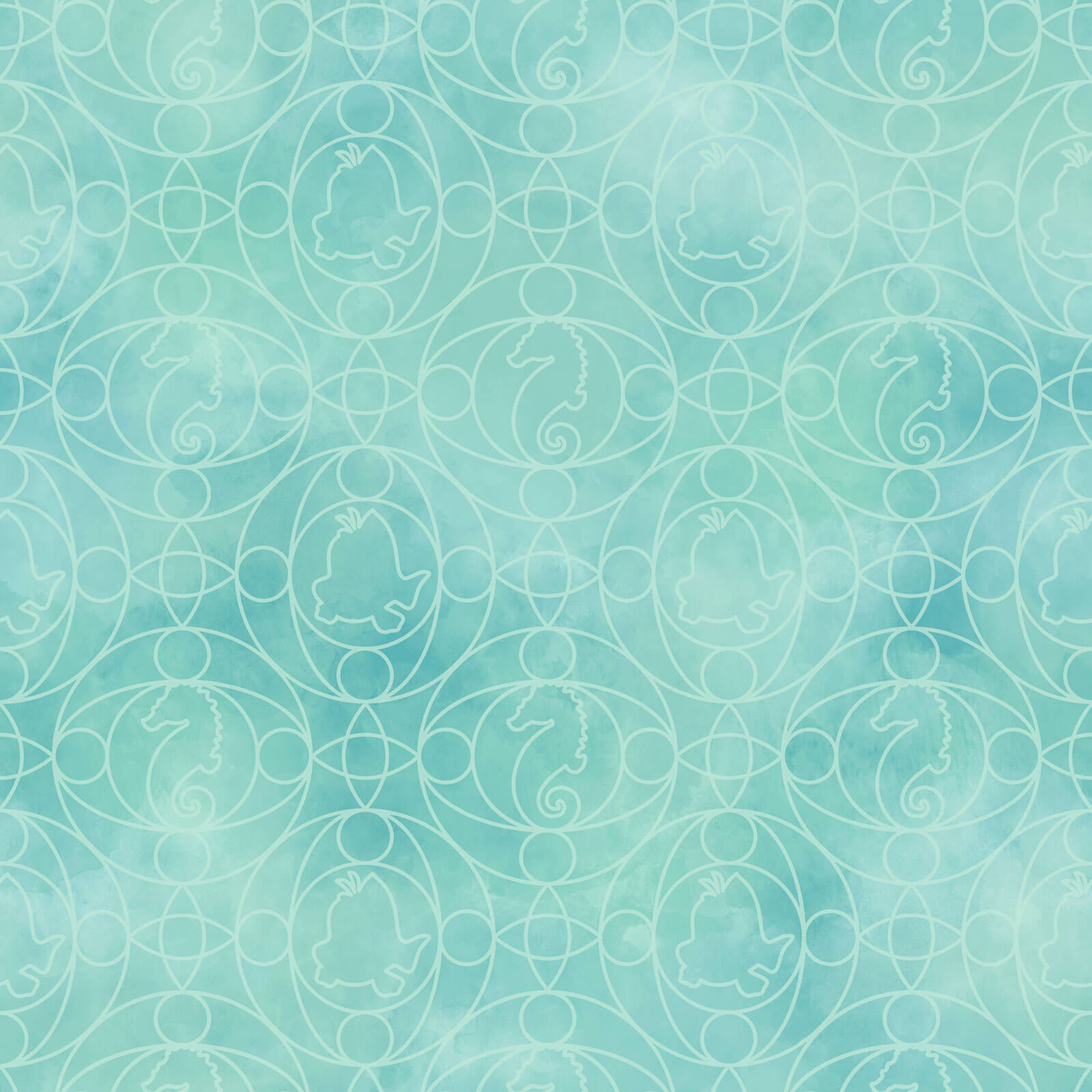 Disney Pattern 桌布 壁紙 — 在柔和青綠色水彩背景上，以白色輪廓重複出現的海馬和鳥類圖案。
