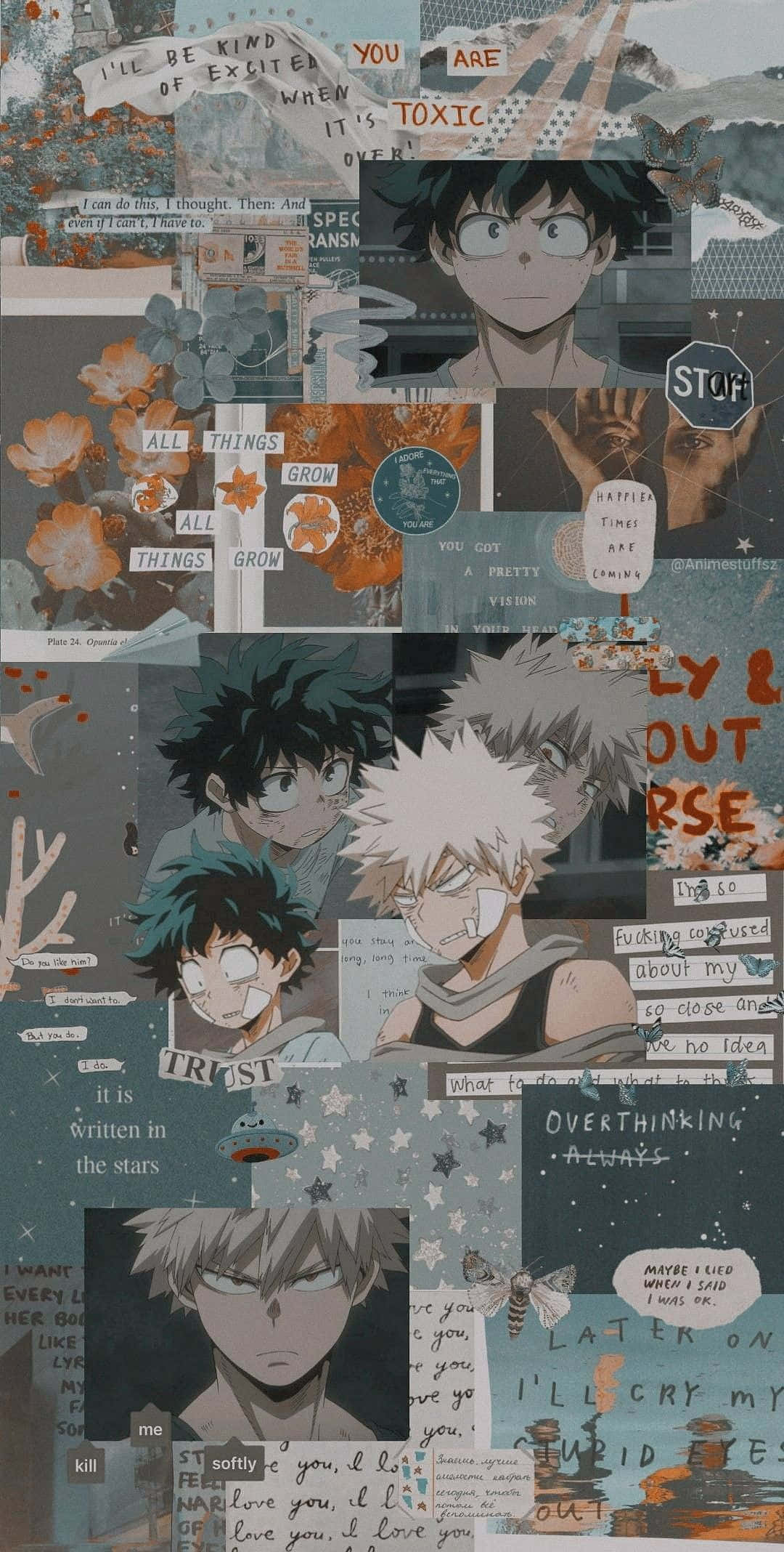 Bakugou Aesthetic 桌布 壁紙 — 在柔和青綠色背景上，以橙色花卉點綴的動漫角色和手寫語錄拼貼畫。