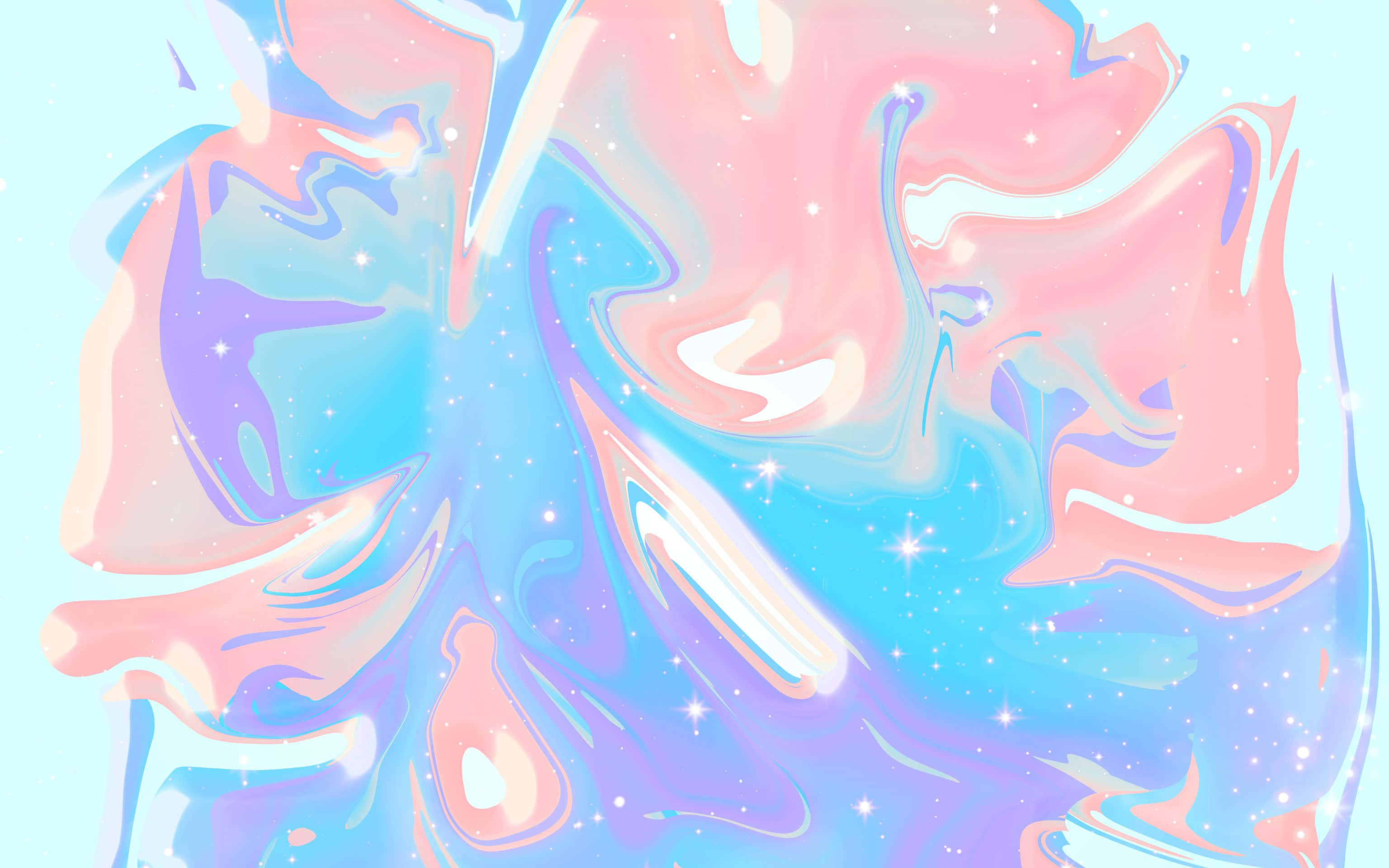 3072x1920 桌布 壁紙 — 在柔和青色背景上，粉彩粉紅、藍色和紫色的夢幻抽象漩渦，點綴閃爍星星。