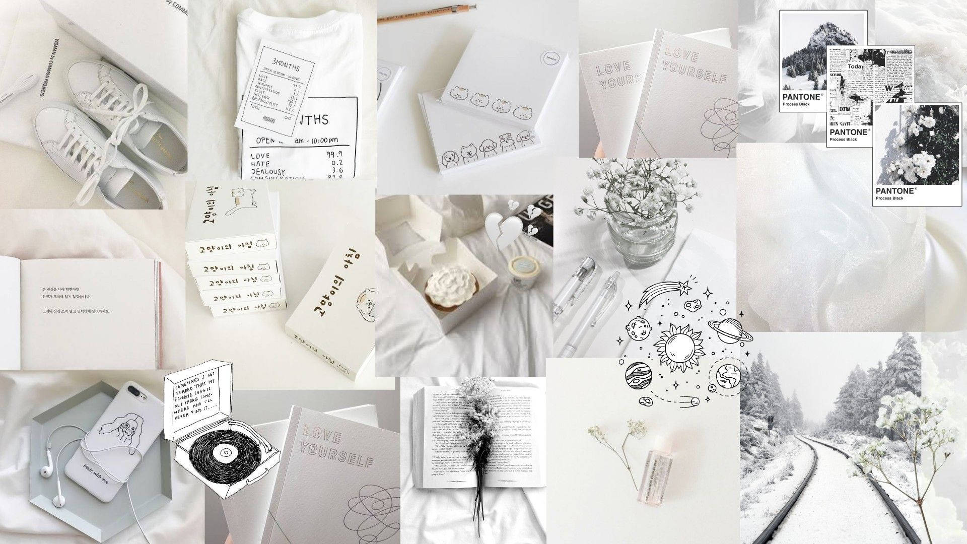 Pinterest Aesthetic 桌布 壁紙 — 在柔軟布料上以文具、書籍、鞋子和雪景組成的簡約白色和灰色拼貼畫。