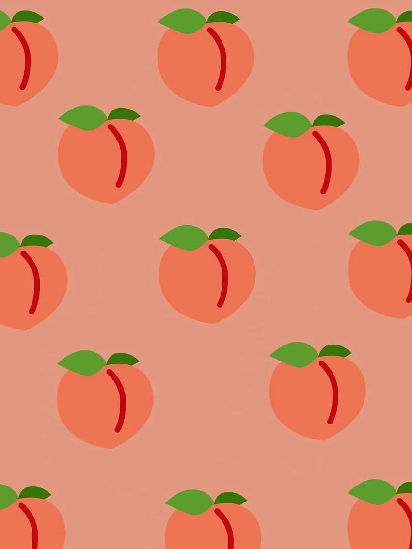 Fruit 桌布 壁紙 — 在柔軟珊瑚色背景上重複的桃子插圖，搭配綠色葉子，採用極簡平面設計。