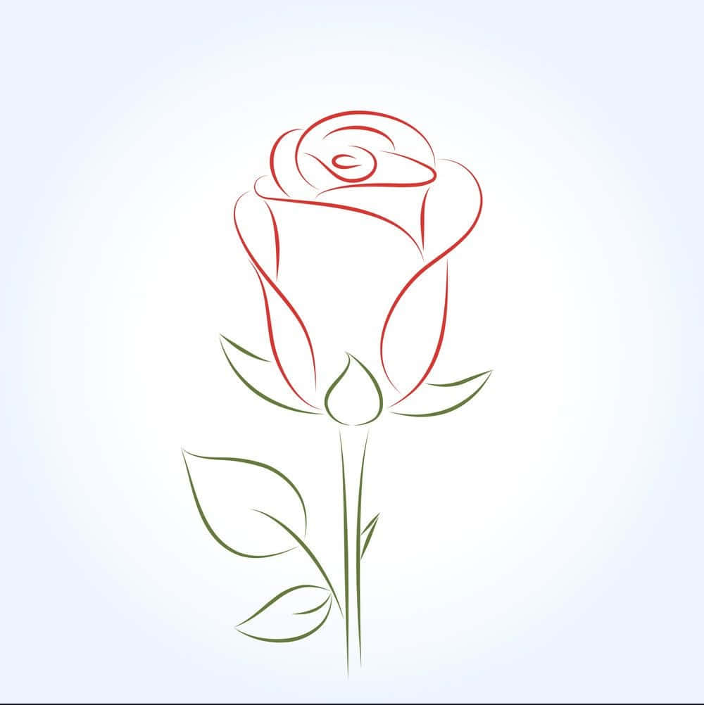 Rose Symbol 桌布 壁紙 — 在柔軟的白色背景上，一朵帶有綠色莖葉的紅玫瑰的極簡線條畫。