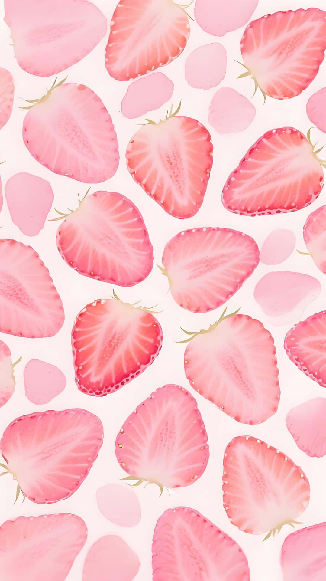 Pink strawberry wallpaper 壁紙 — 在柔軟的白色背景上，有各種粉紅色調的切片草莓圖案。