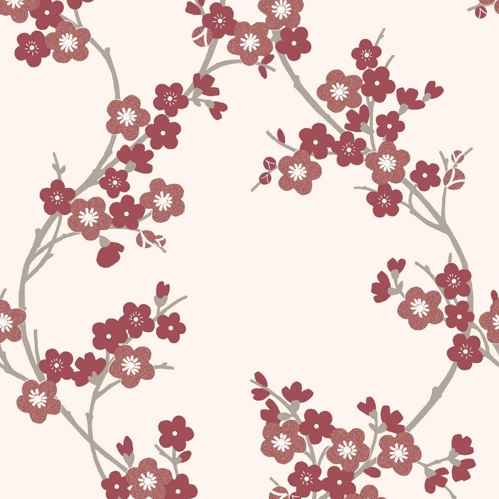 Blossom 桌布 壁紙 — 在柔軟的米色樹枝上重複的深紅色風格化櫻花圖案，帶有白色花心。