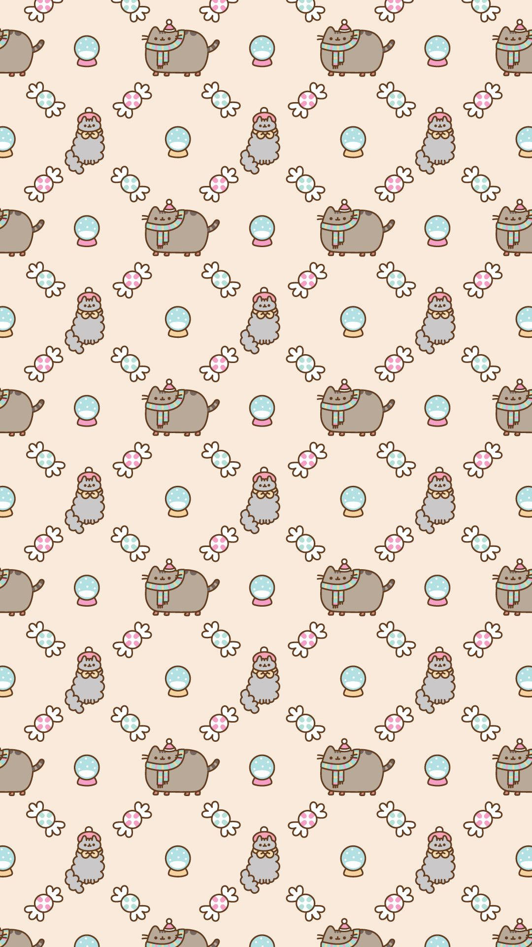 pusheen 動圖 桌布 壁紙 — 在柔軟的米色背景上，可愛的Pusheen貓咪戴著冬帽和圍巾，帶著雪球和拐杖糖的重複圖案。