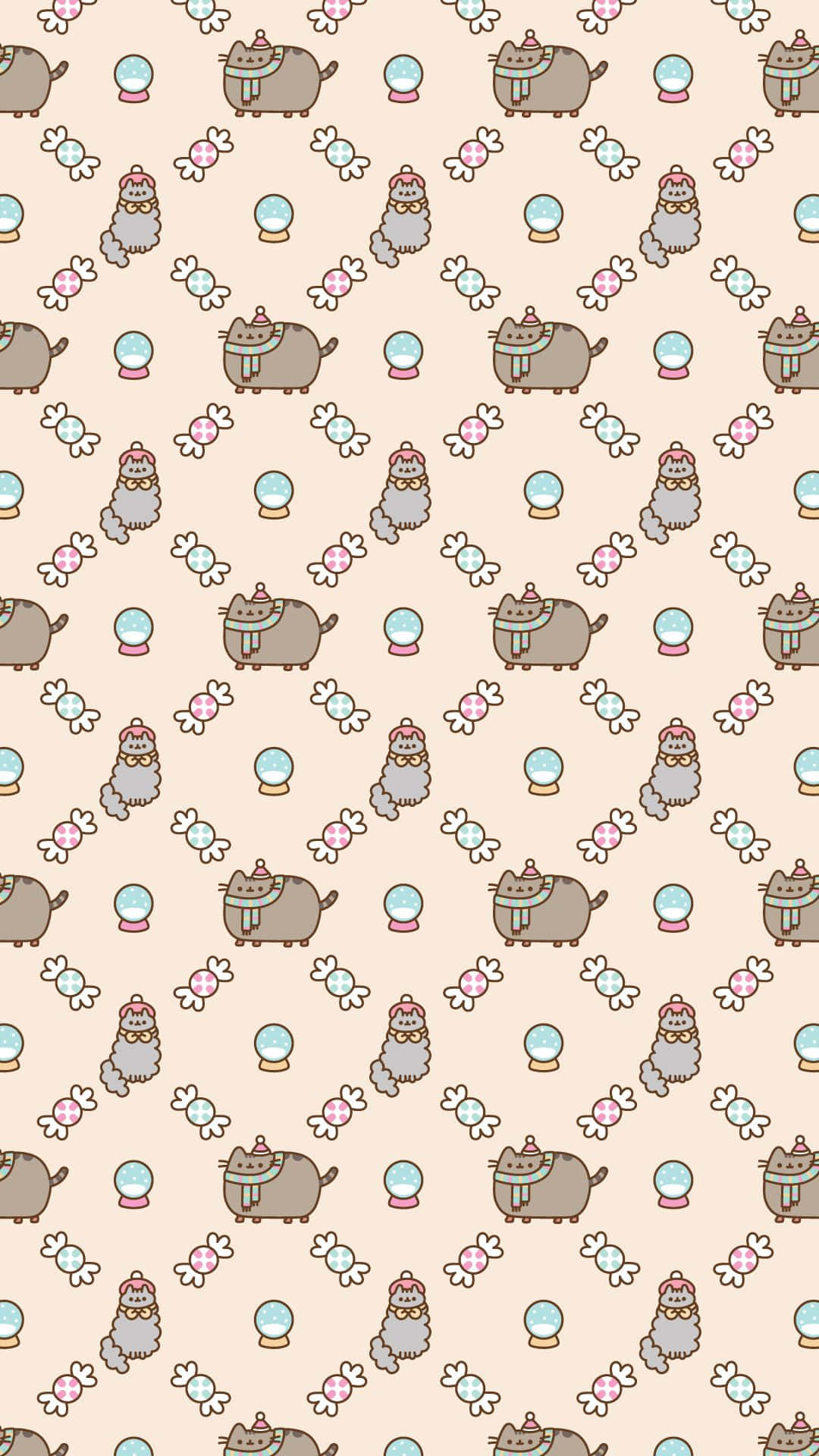 pusheen 動圖 桌布 壁紙 — 在柔軟的米色背景上，可愛的Pusheen貓咪戴著冬季帽子和圍巾，配有雪花球和拐杖糖的重複圖案。