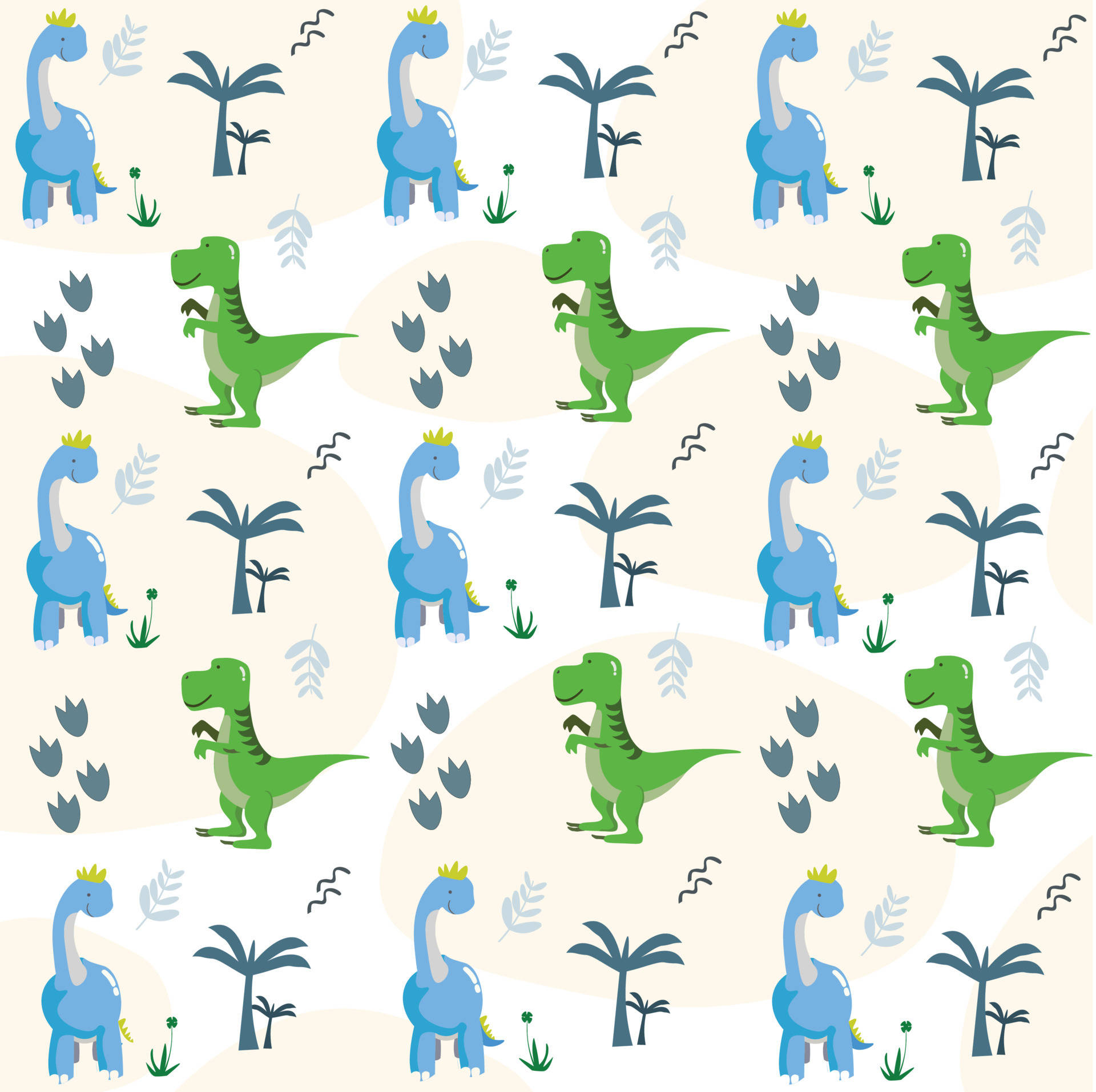 Cute Dinosaur Pattern 桌布 壁紙 — 在柔軟的米色背景上，可愛的藍色和綠色卡通恐龍戴著皇冠和棕櫚樹的重複圖案。