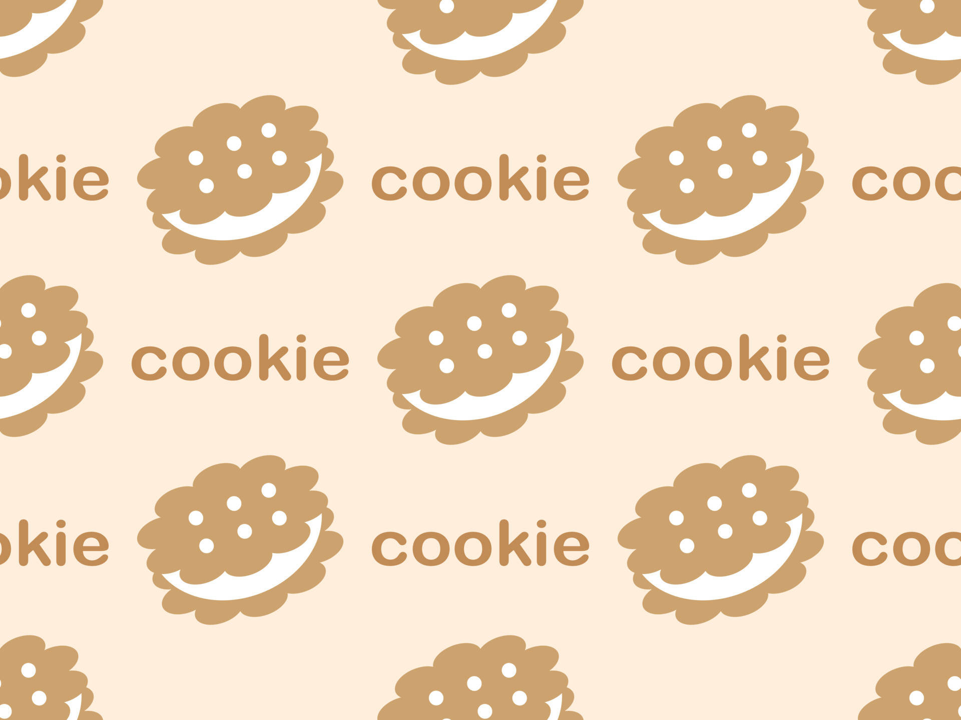 Cookies 桌布 壁紙 — 在柔軟的米色背景上，微笑卡通餅乾的重複圖案，帶有白色糖霜眼睛和嘴巴。