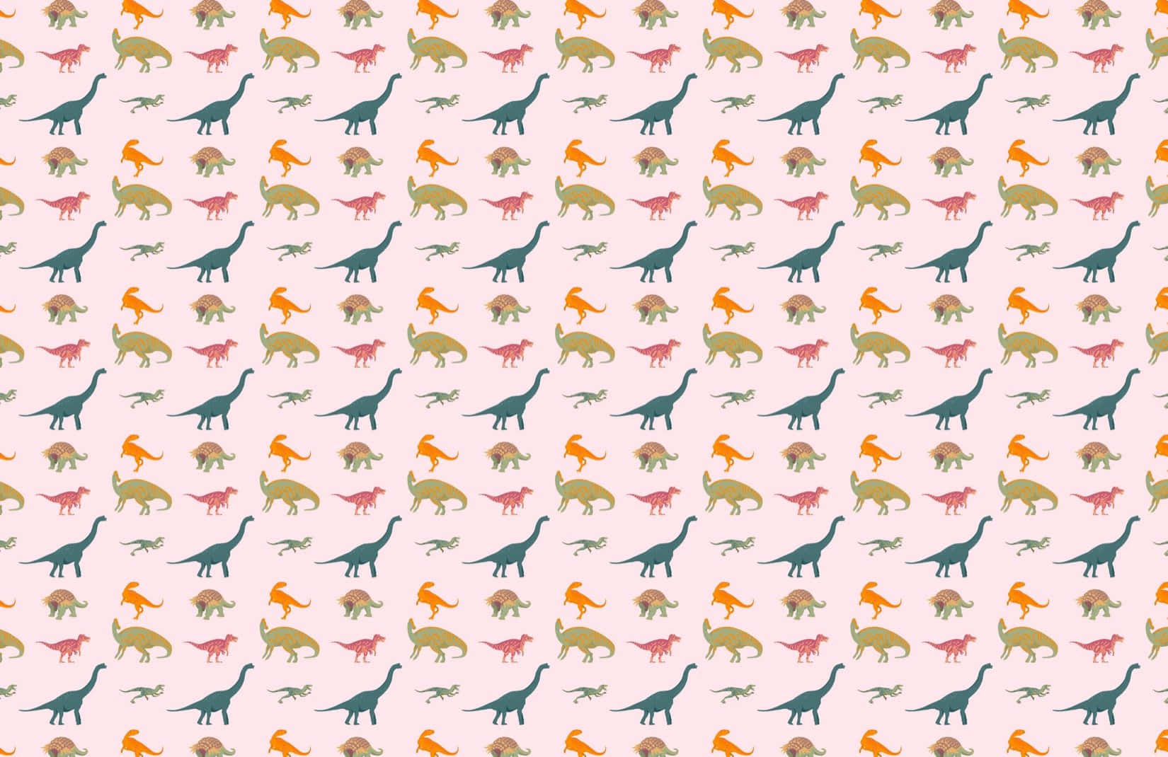 Dino 桌布 壁紙 — 在柔軟的粉紅色背景上，各種姿勢的彩色卡通恐龍組成的俏皮圖案。