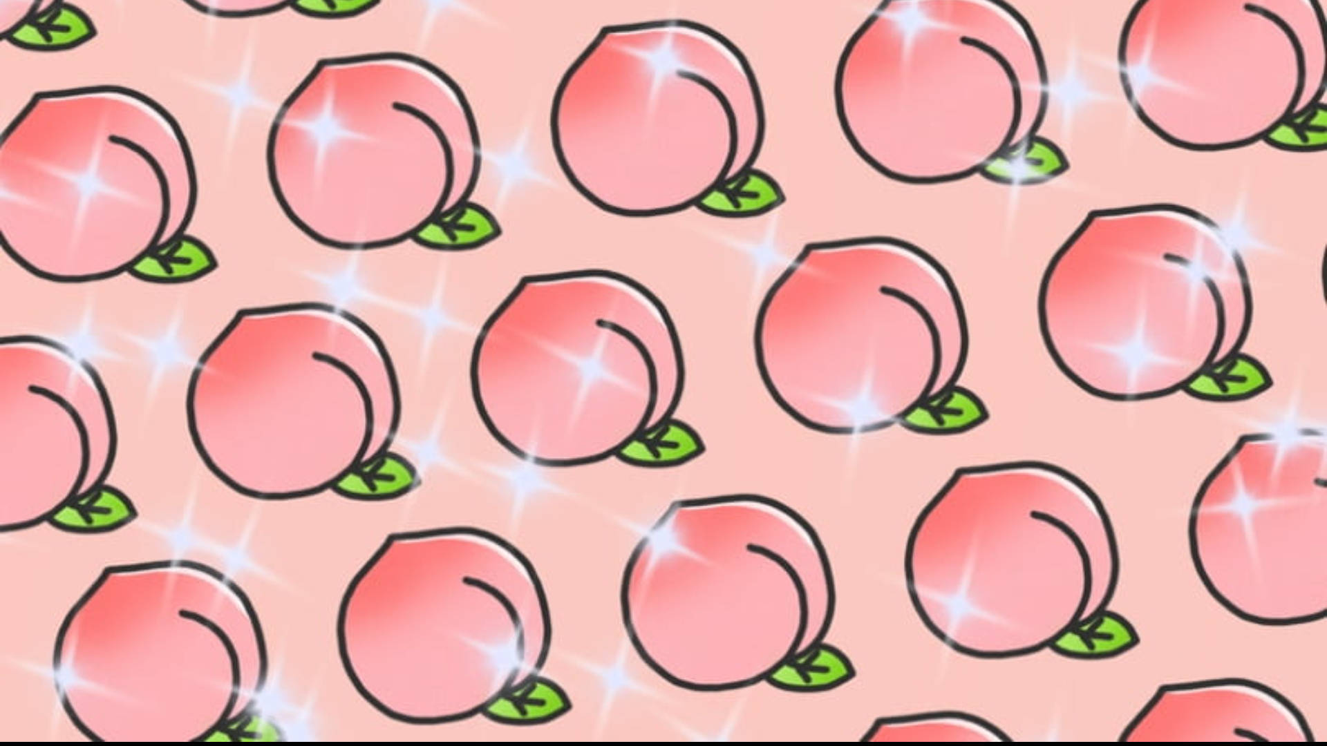 Fruits 桌布 壁紙 — 在柔軟的粉紅色背景上，帶有閃光的卡通桃子重複圖案。