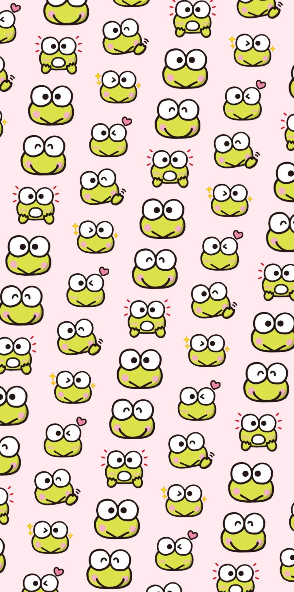Keroppi 桌布 壁紙 — 在柔軟的粉紅色背景上，重複的可愛綠色卡通青蛙圖案，帶有各種表情。
