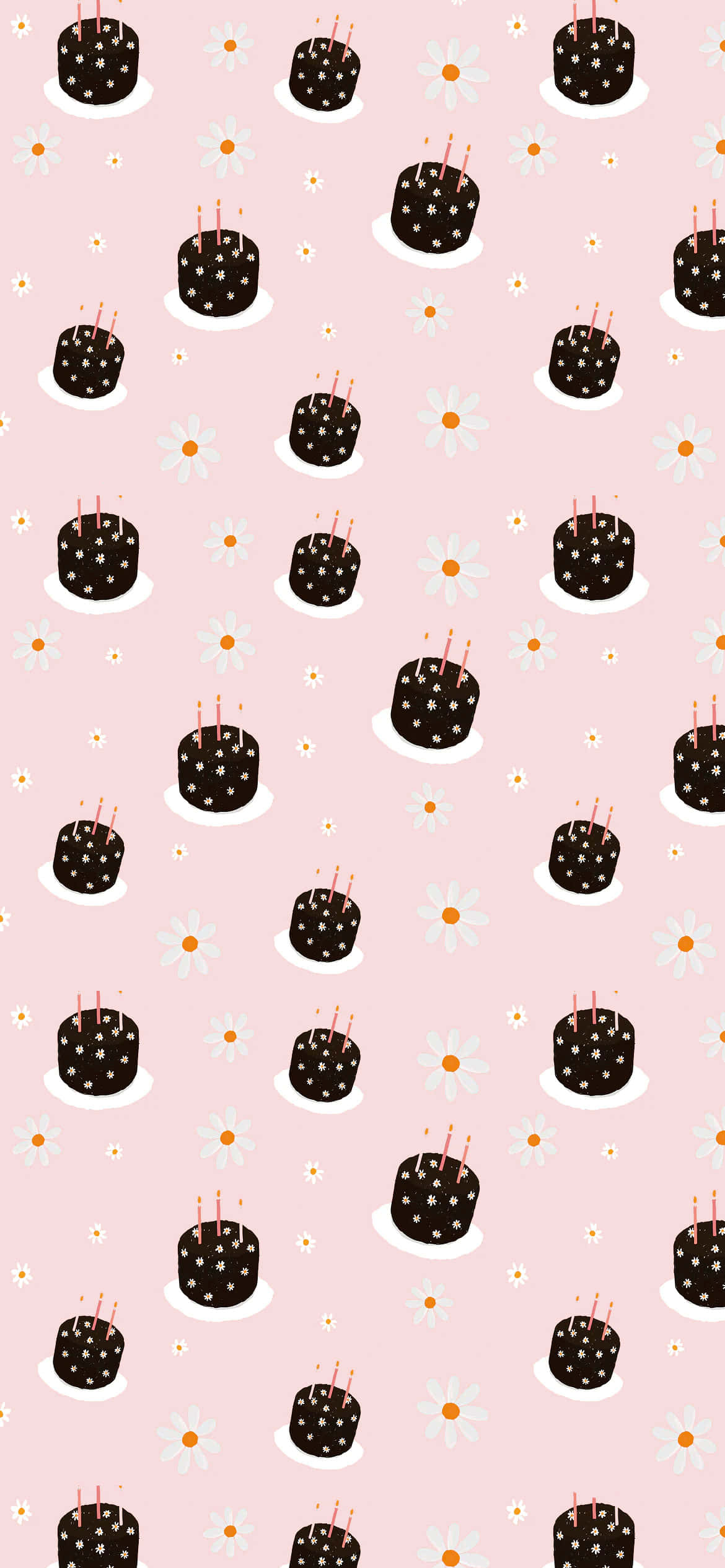 Pink Birthday 桌布 壁紙 — 在柔軟的粉紅色背景上重複出現帶有蠟燭和雛菊的巧克力生日蛋糕圖案。