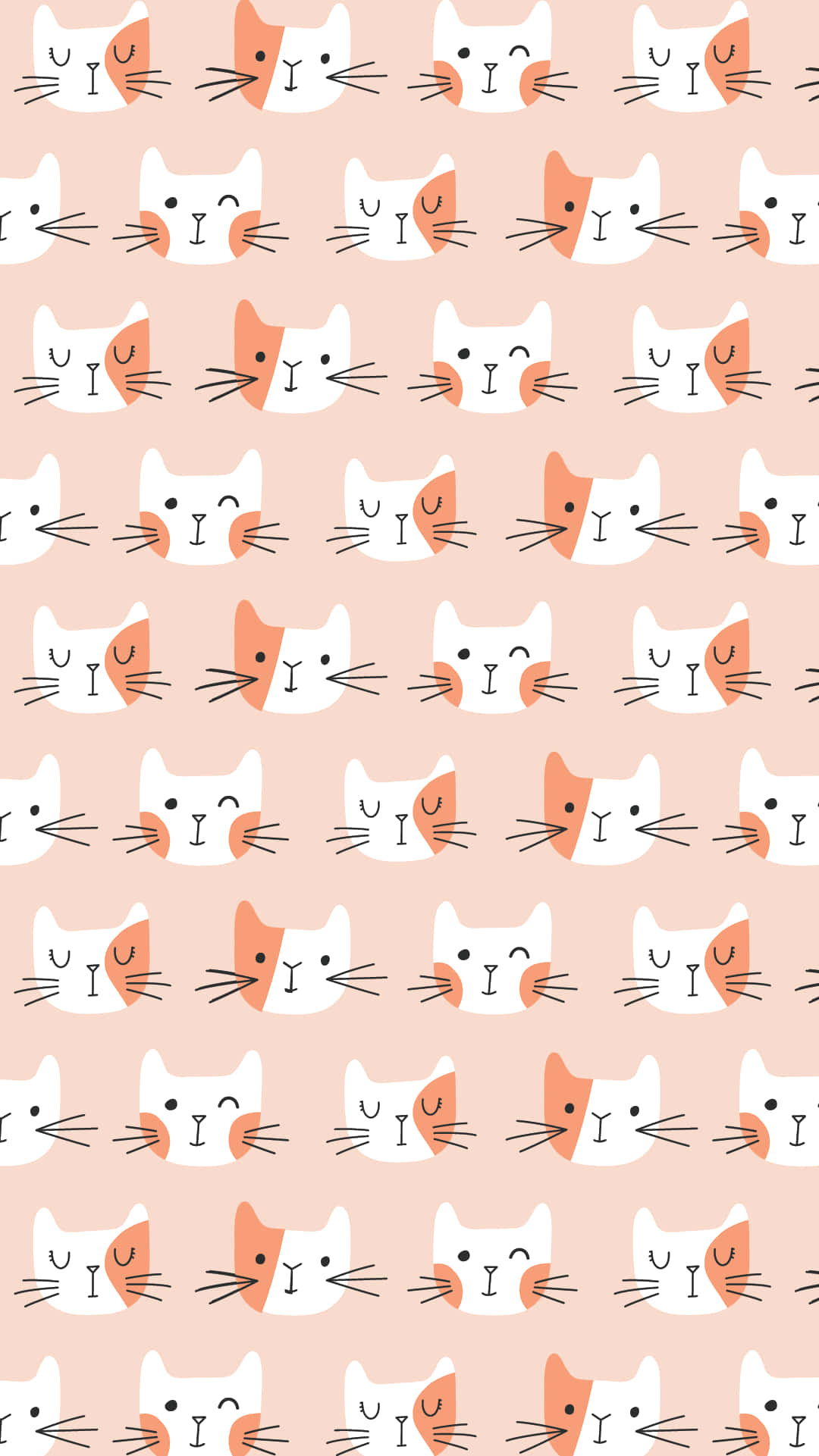 Cute Cat Pattern 桌布 壁紙 — 在柔軟的粉紅色背景上重複的可愛白色和橙色貓臉圖案，帶有鬍鬚。