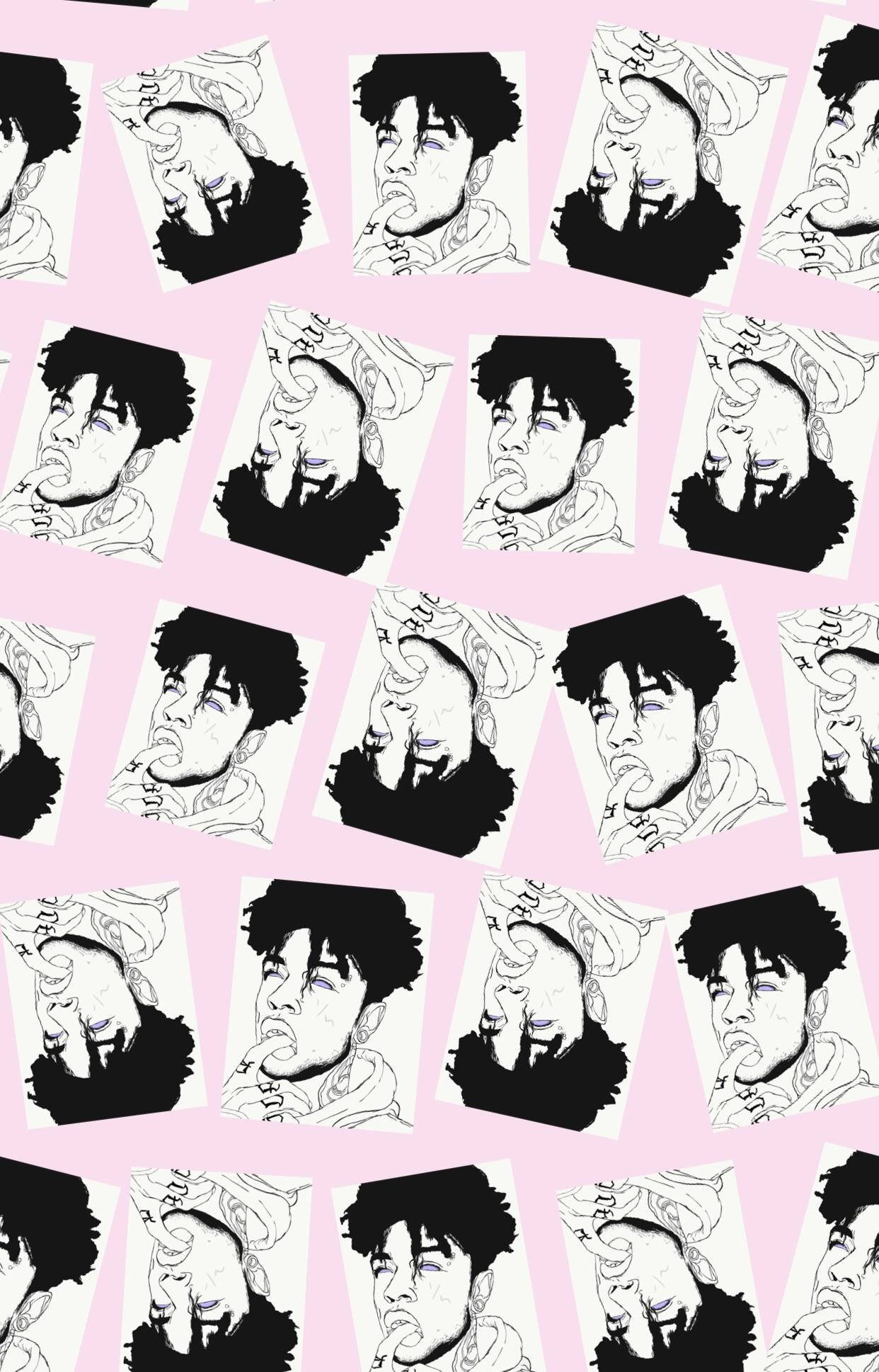 Scarlxrd 桌布 壁紙 — 在柔軟的粉紅色背景上重複的黑白插圖肖像，描繪一個有刺青的男人。