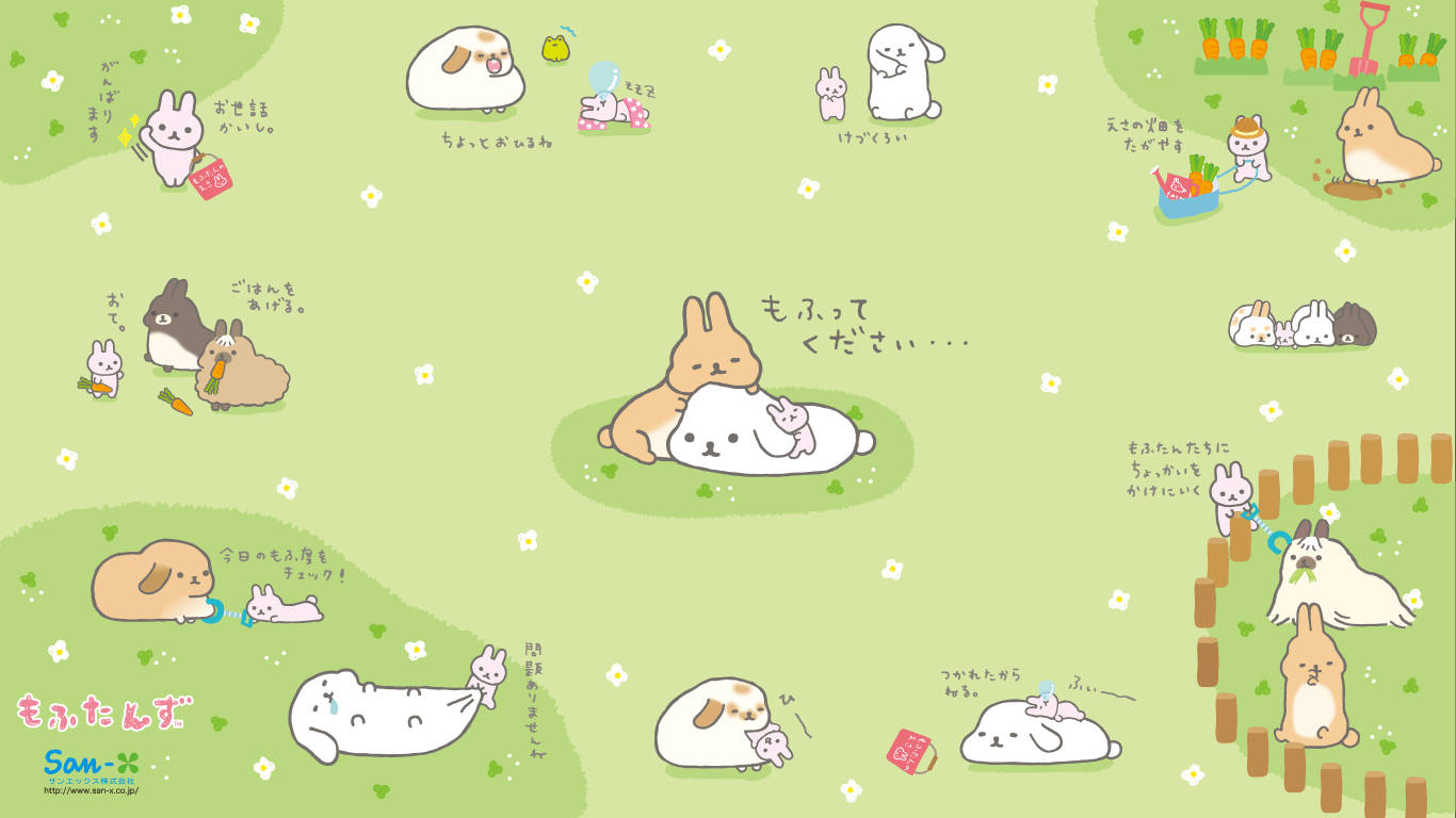 角落生物 桌布 壁紙 — 在柔軟的綠色田野中，可愛的Q版兔子們帶著日語對話框進行日常活動。
