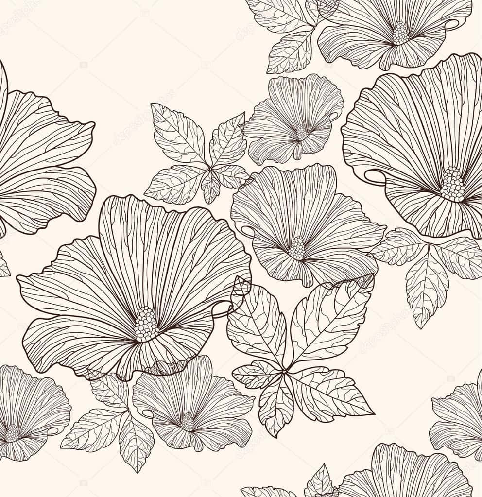 Floral Pattern 桌布 壁紙 — 在柔軟米色背景上以優雅黑色線條繪製的木槿花和葉子無縫圖案。