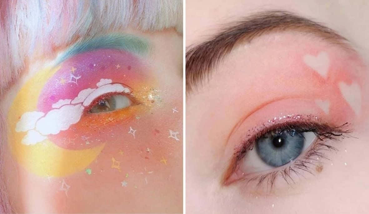 Soft Girl Aesthetic 桌布 壁紙 — 在柔軟肌膚上，帶有粉彩雲朵、星星和心形的生動奇幻眼妝。