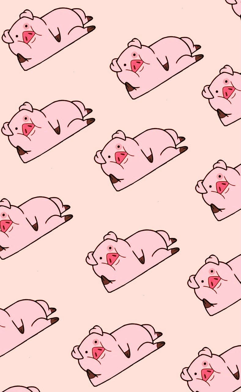 waddles 桌布 壁紙 — 在柔軟蜜桃色背景上，可愛粉紅色卡通豬躺臥的重複圖案。