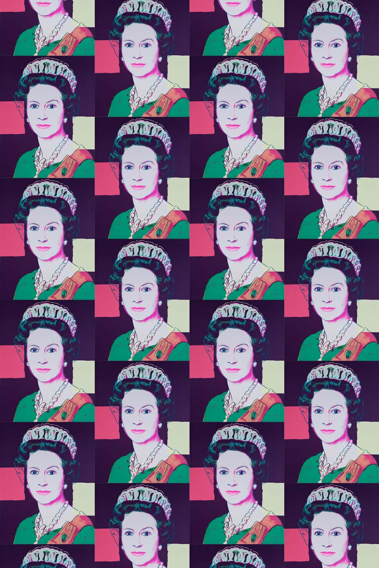 Queen Elizabeth 桌布 壁紙 — 在格子背景上，以充滿活力的粉紅色、綠色和紫色色調重複出現的伊麗莎白二世女王普普藝術肖像。
