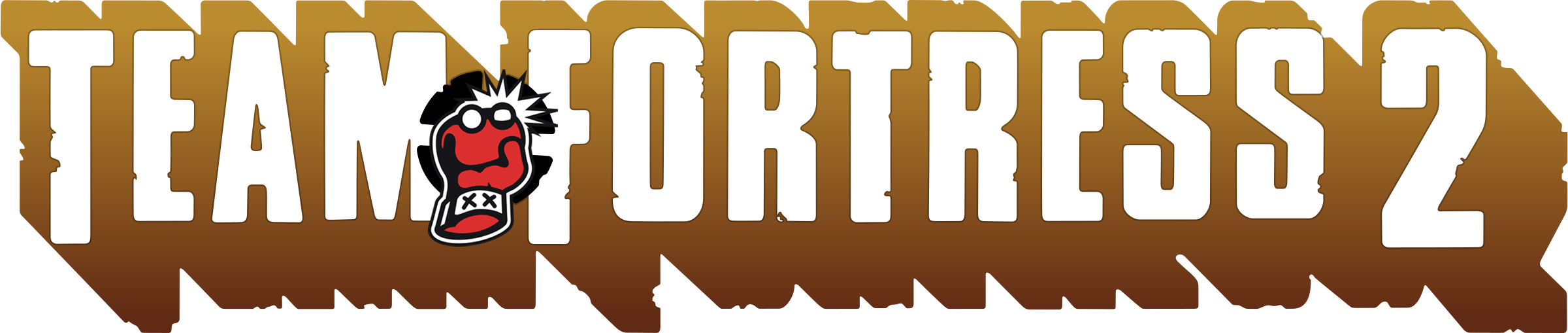 Tf2 Logo 桌布 壁紙 — 在棕色漸變背景上，粗體白色「TEAM FORTRESS 2」文字搭配卡通風格的紅色吉祥物頭標誌。