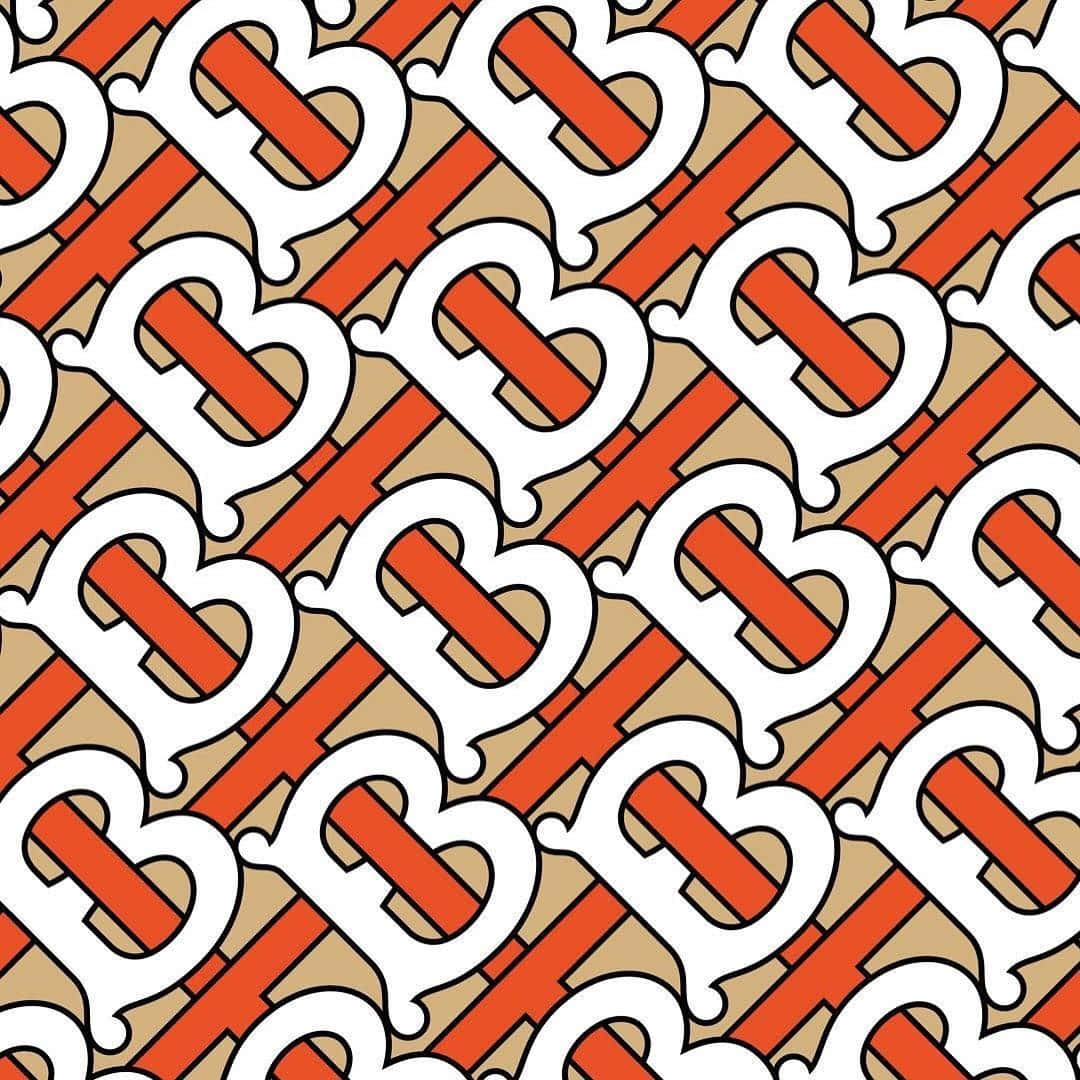 Burberry 桌布 壁紙 — 在棕褐色背景上重複出現的白色和橙色風格化「B」字母組合圖案。