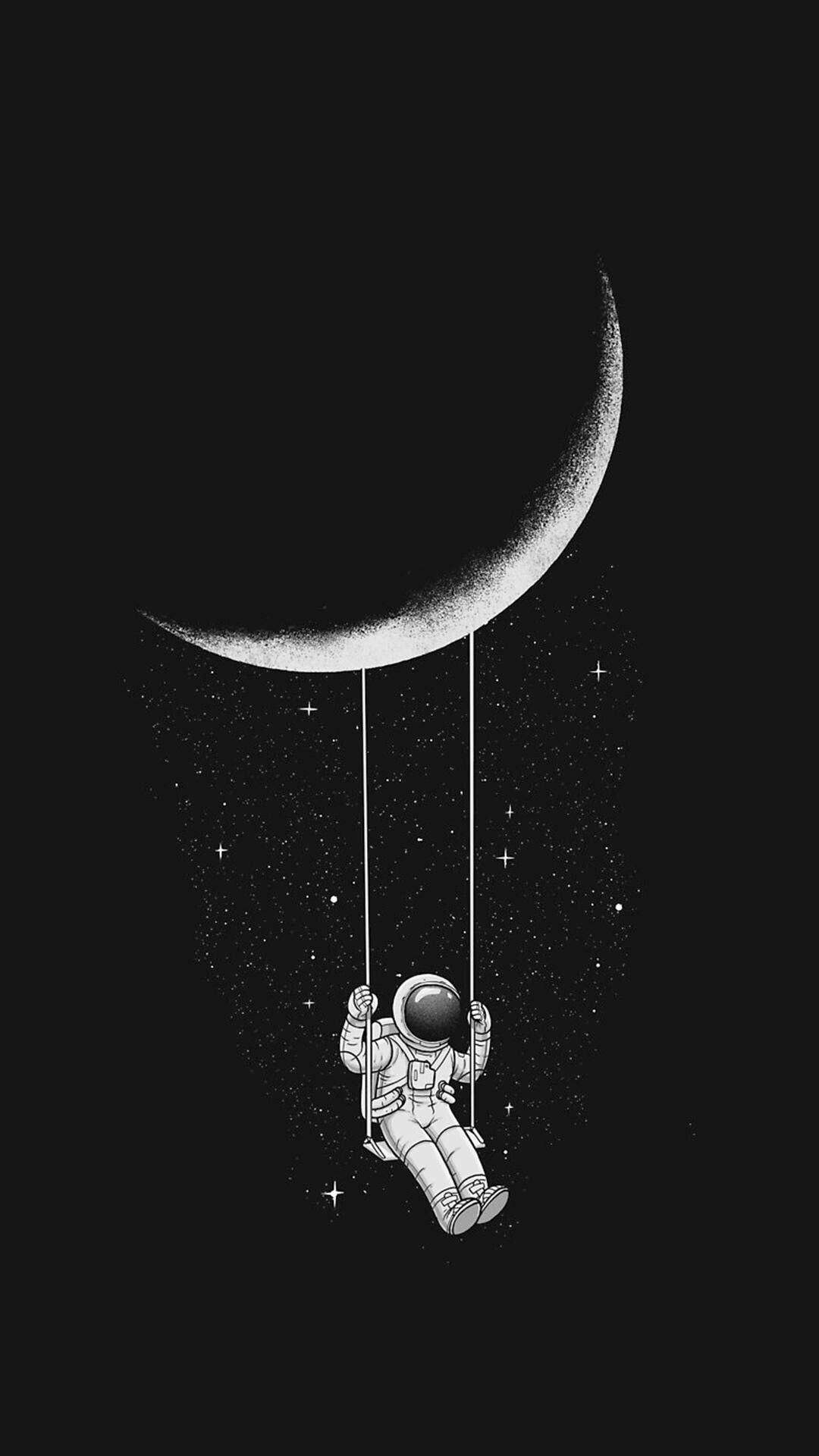 太空人 桌布 壁紙 — 在極簡黑白插圖中，一名太空人在星空夜空背景下從新月盪繩索。