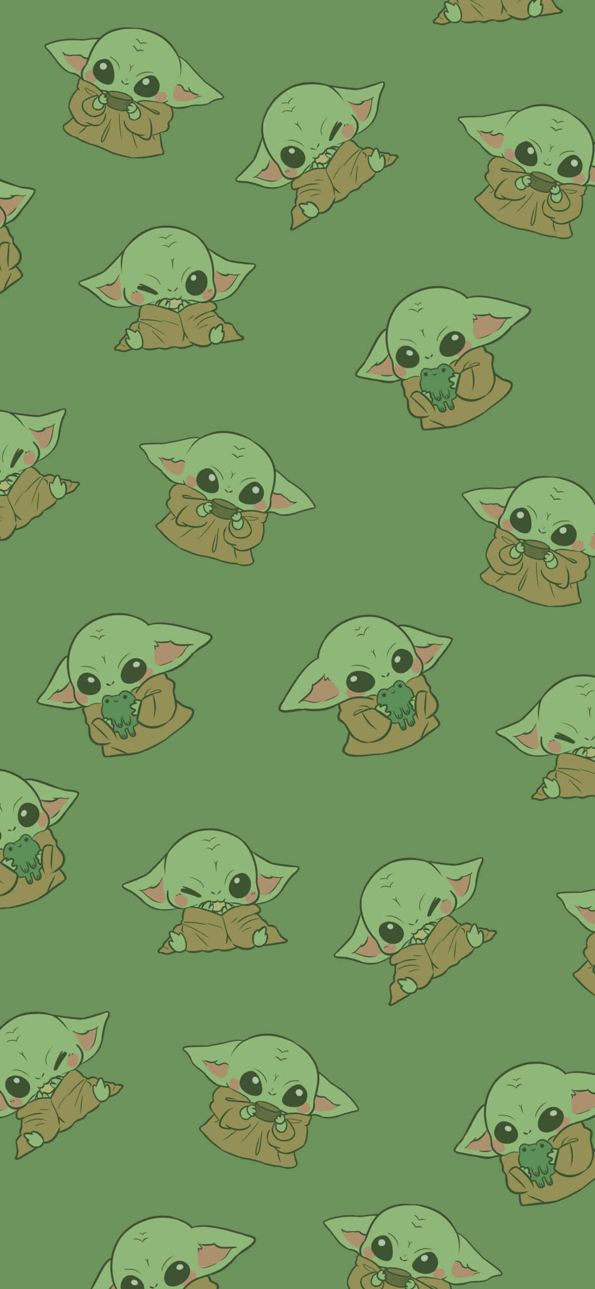 Baby Yoda Aesthetic 桌布 壁紙 — 在橄欖綠背景上，可愛的綠色小尤達拿著綠色植物的重複圖案。