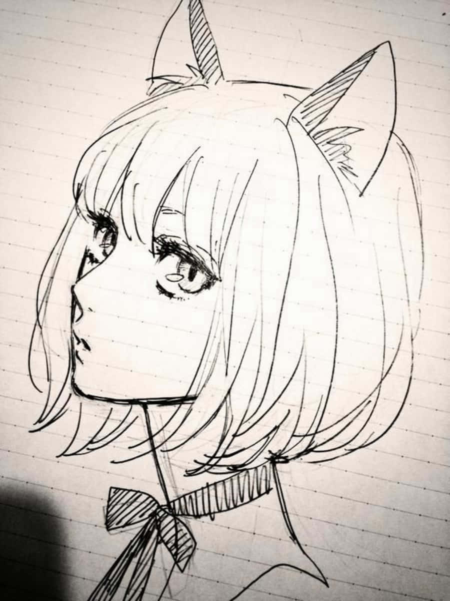 動漫繪圖 桌布 壁紙 — 在橫線筆記本紙上，一個短髮、戴蝴蝶結的貓耳動漫女孩的精緻鉛筆素描。
