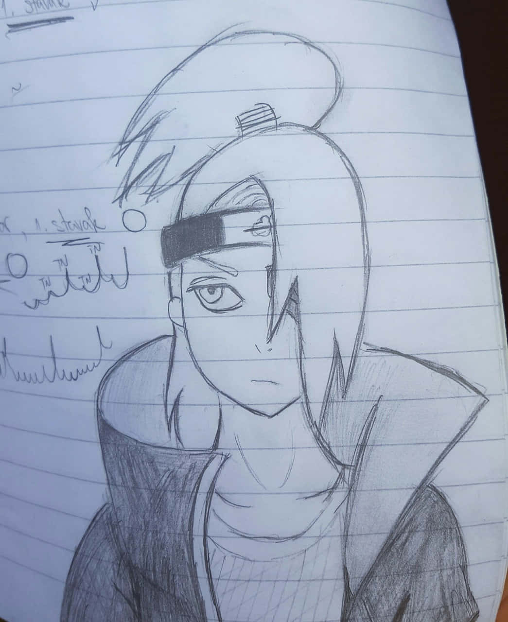Akatsuki Drawing 桌布 壁紙 — 在橫線筆記本紙上繪製的一個詳細鉛筆素描，描繪一個戴頭帶和尖刺頭髮的動漫角色。