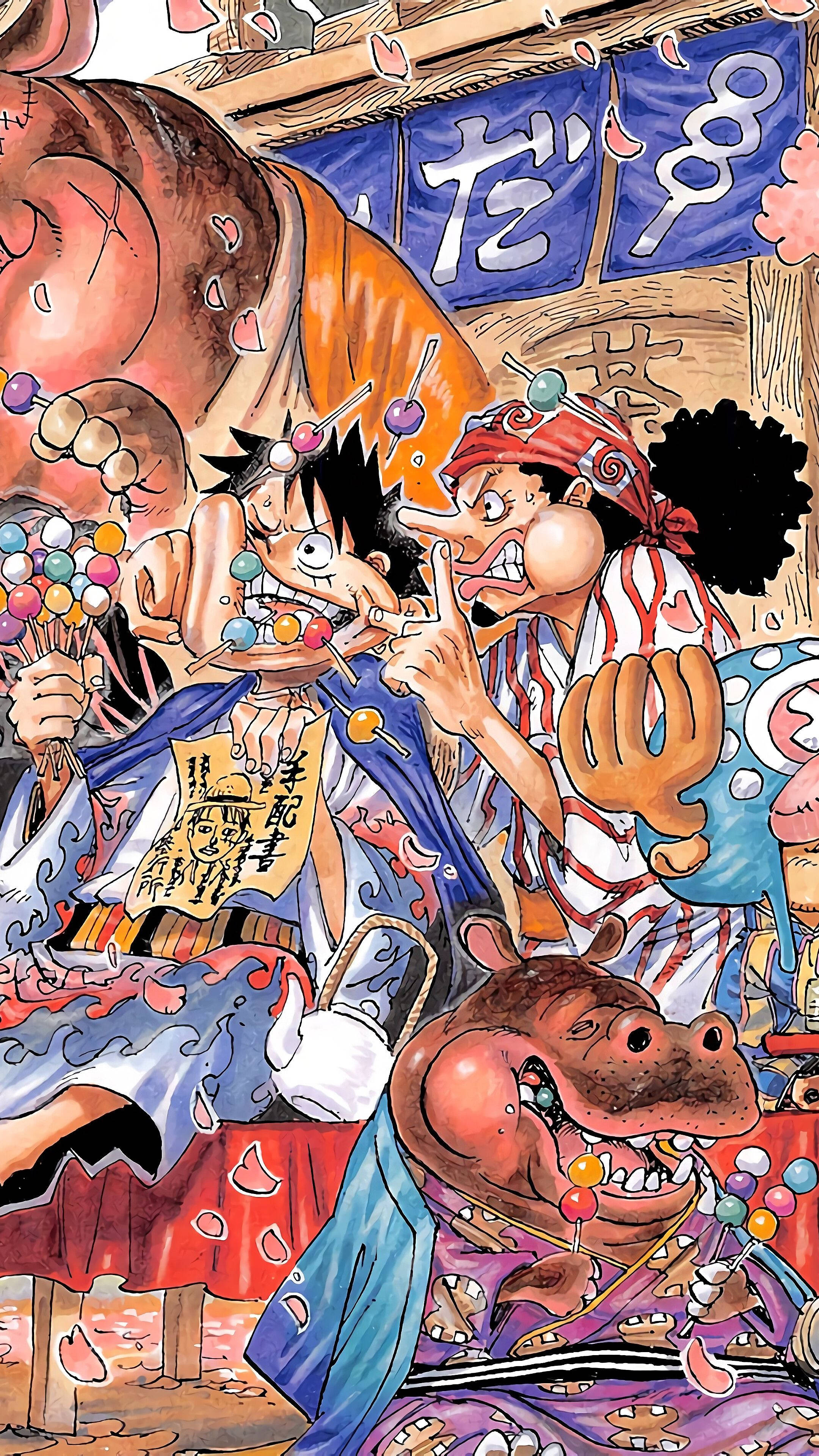 One Piece Phone 桌布 壁紙 — 在櫻花花瓣飄落的繁華日本街頭攤位，充滿活力的動漫角色享用色彩繽紛的糖果。