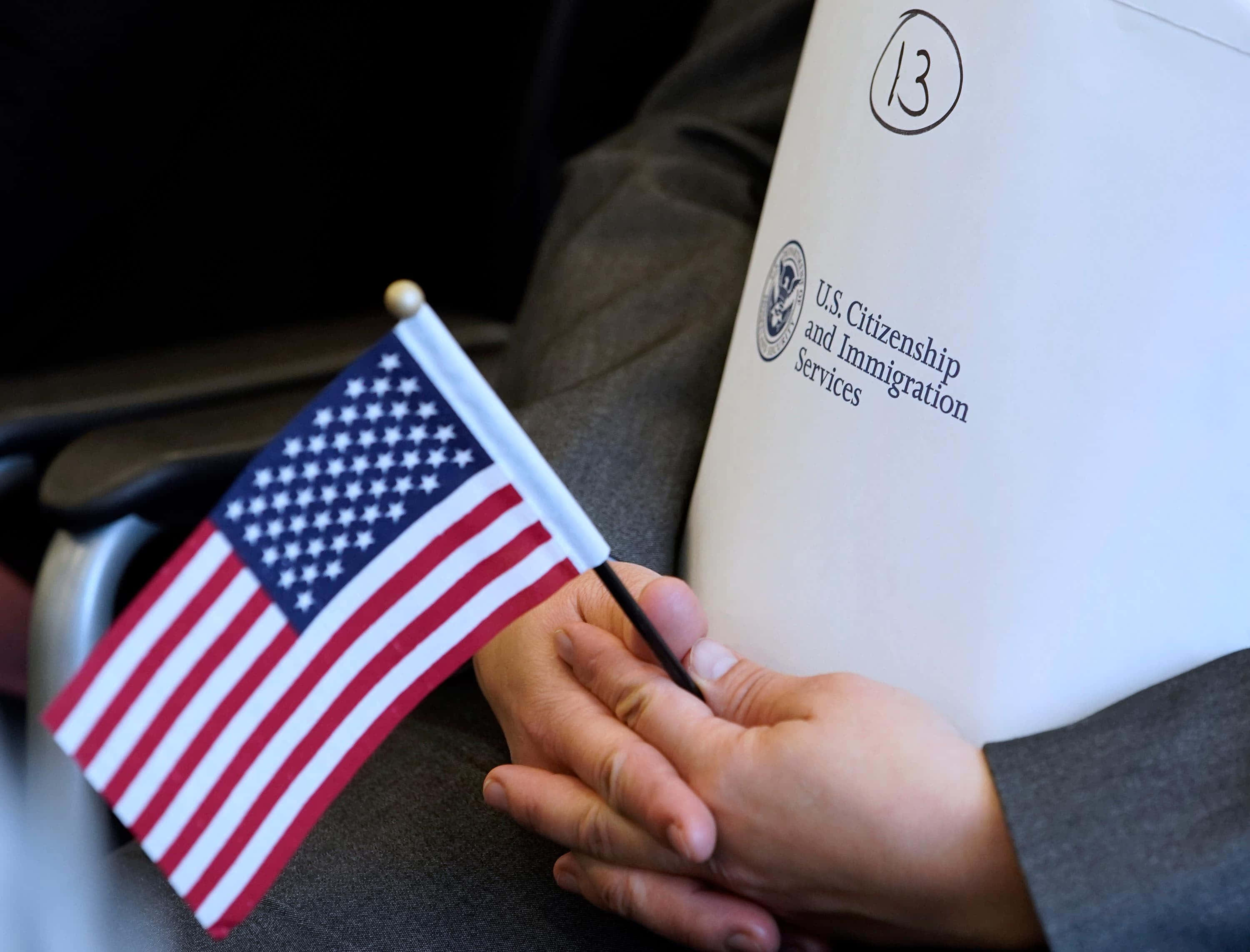 Immigration 桌布 壁紙 — 在正式場合中，一個人手持小型美國國旗，旁邊放著美國公民及移民服務局的文件。