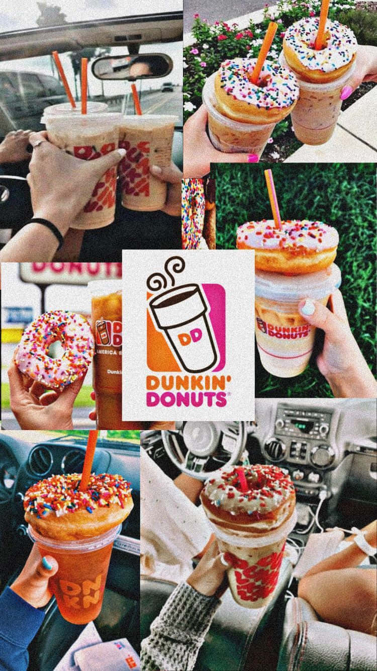 Dunkin Donuts 桌布 壁紙 — 在汽車和戶外場景中，手持Dunkin' Donuts冰飲和灑糖甜甜圈。