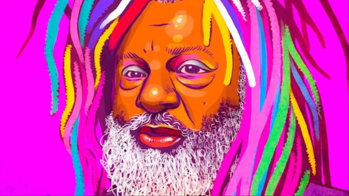 Celebrity 桌布 壁紙 — 在洋紅色背景上，一位留著彩虹色辮子鬍鬚男的鮮明數位肖像。