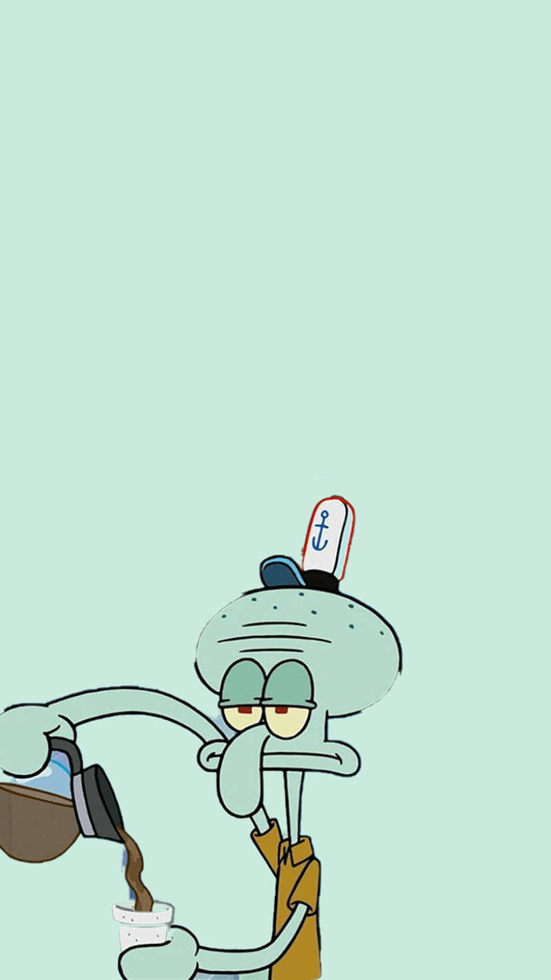 Tentacles 桌布 壁紙 — 在淡薄荷色背景上，Squidward 帶著疲倦的表情倒咖啡。