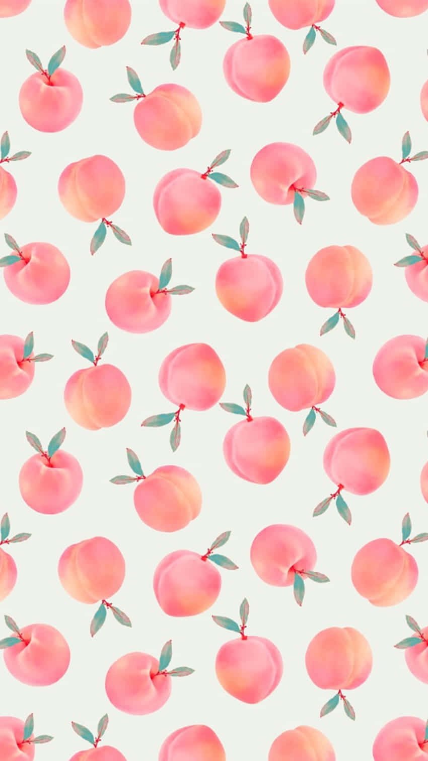 Cute Peach 桌布 壁紙 — 在淡薄荷色背景上重複的柔粉紅色桃子與綠色葉子圖案。