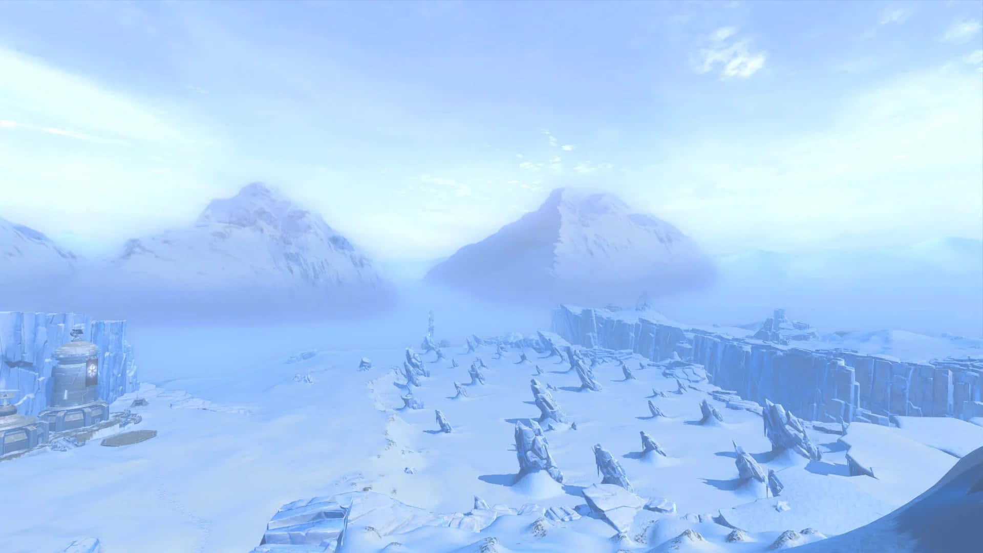 Battle Of Hoth 桌布 壁紙 — 在淡藍色天空下，一片寧靜的冰雪景觀，覆蓋著白雪的山脈和參差不齊的冰層。