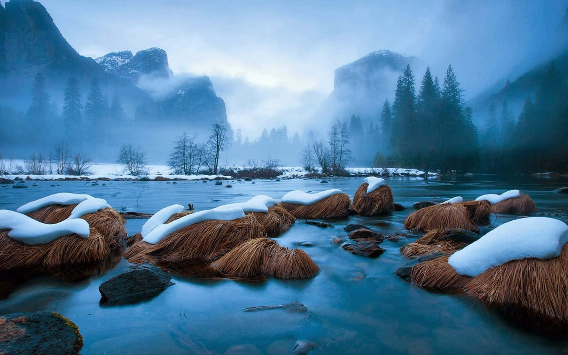 Frozen Lake 桌布 壁紙 — 在淡藍色天空下，霧氣繚繞的河谷中，白雪覆蓋著棕色的蘆葦，四周是高聳的霧山。