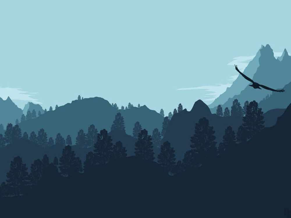 Beautiful Minimalist 桌布 壁紙 — 在淡藍色的天空下，一隻孤獨的鷹在層疊的山巒剪影上方翱翔。
