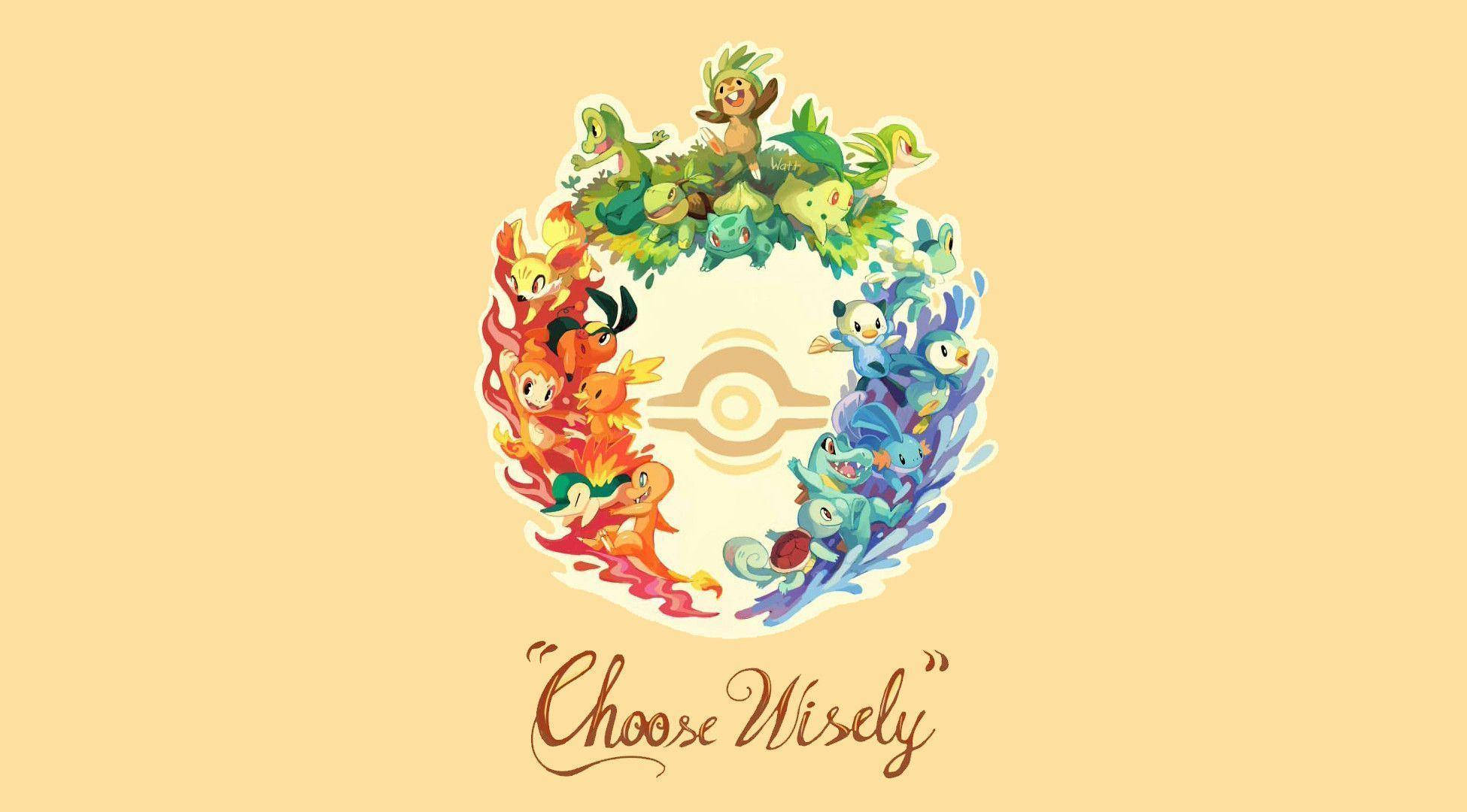美學 桌布 壁紙 — 在淡黃色背景上，一個圓形排列的寶可夢屬性圍繞著一個寶可夢球，下方有「Choose Wisely」字句。