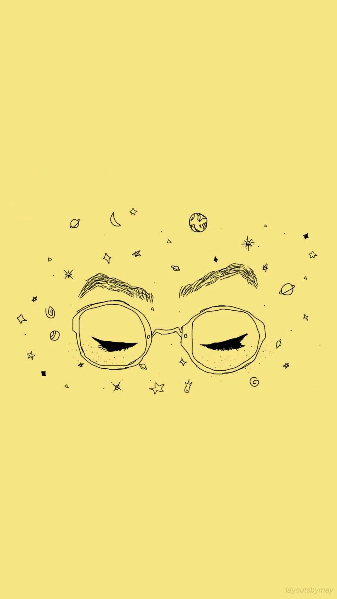 手機 桌布 壁紙 — 在淡黃色背景上，一幅極簡線條畫，描繪戴眼鏡的閉眼，周圍環繞著宇宙塗鴉。