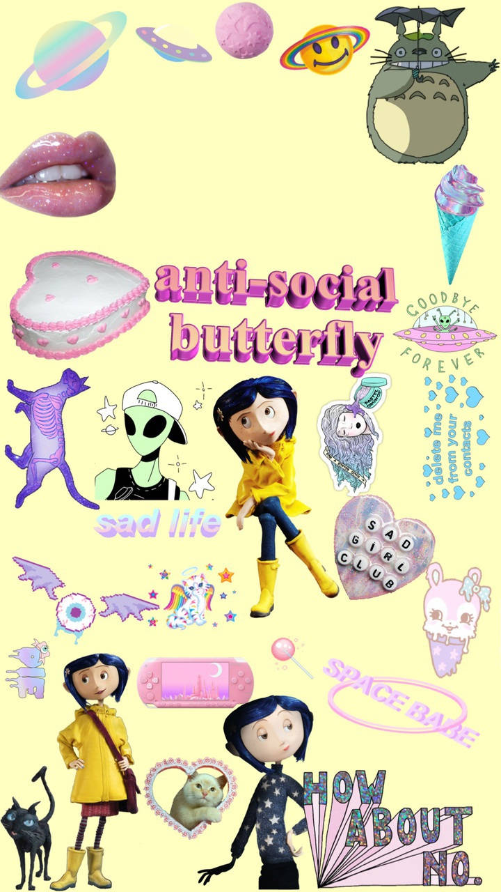 Goth Aesthetic 桌布 壁紙 — 在淡黃色背景上，充滿活力的動漫角色和太空主題貼紙拼貼畫。