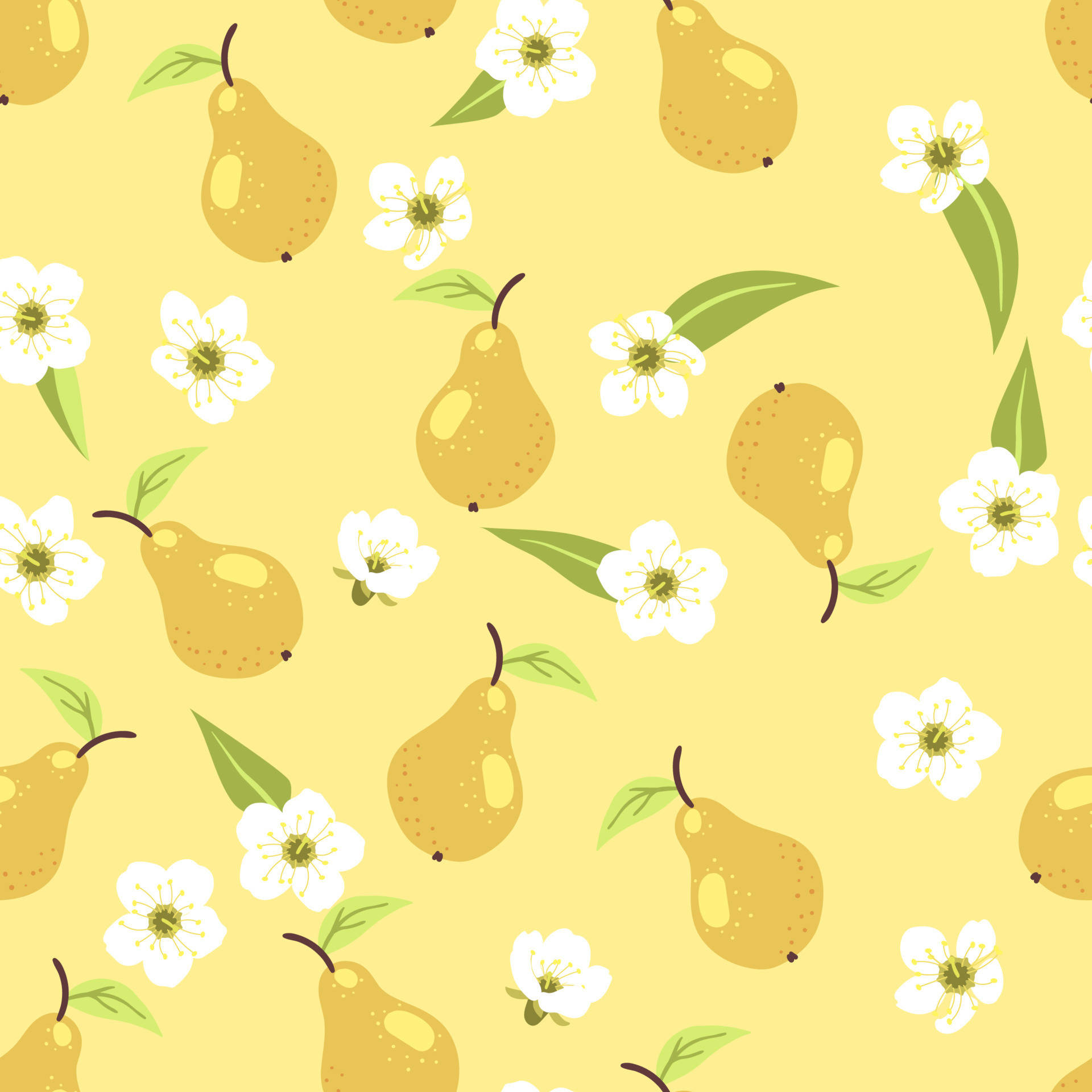 Fruits 桌布 壁紙 — 在淡黃色背景上，黃色梨子和白色花朵的歡快圖案。