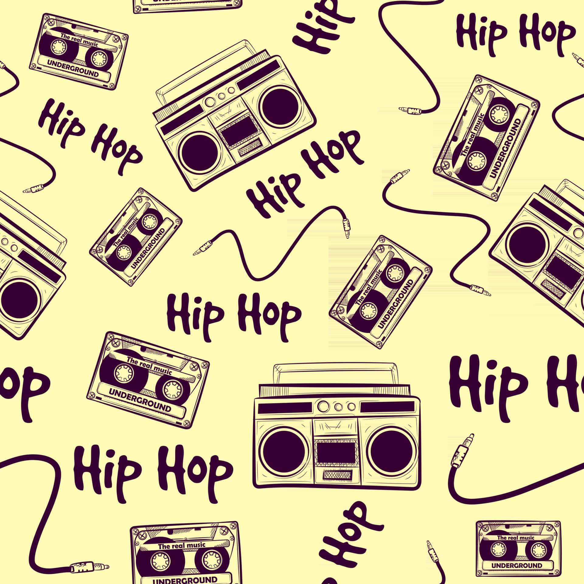 嘻哈 桌布 壁紙 — 在淡黃色背景上帶有 'Hip Hop' 文字的復古風格的音箱和卡式錄音帶圖案。